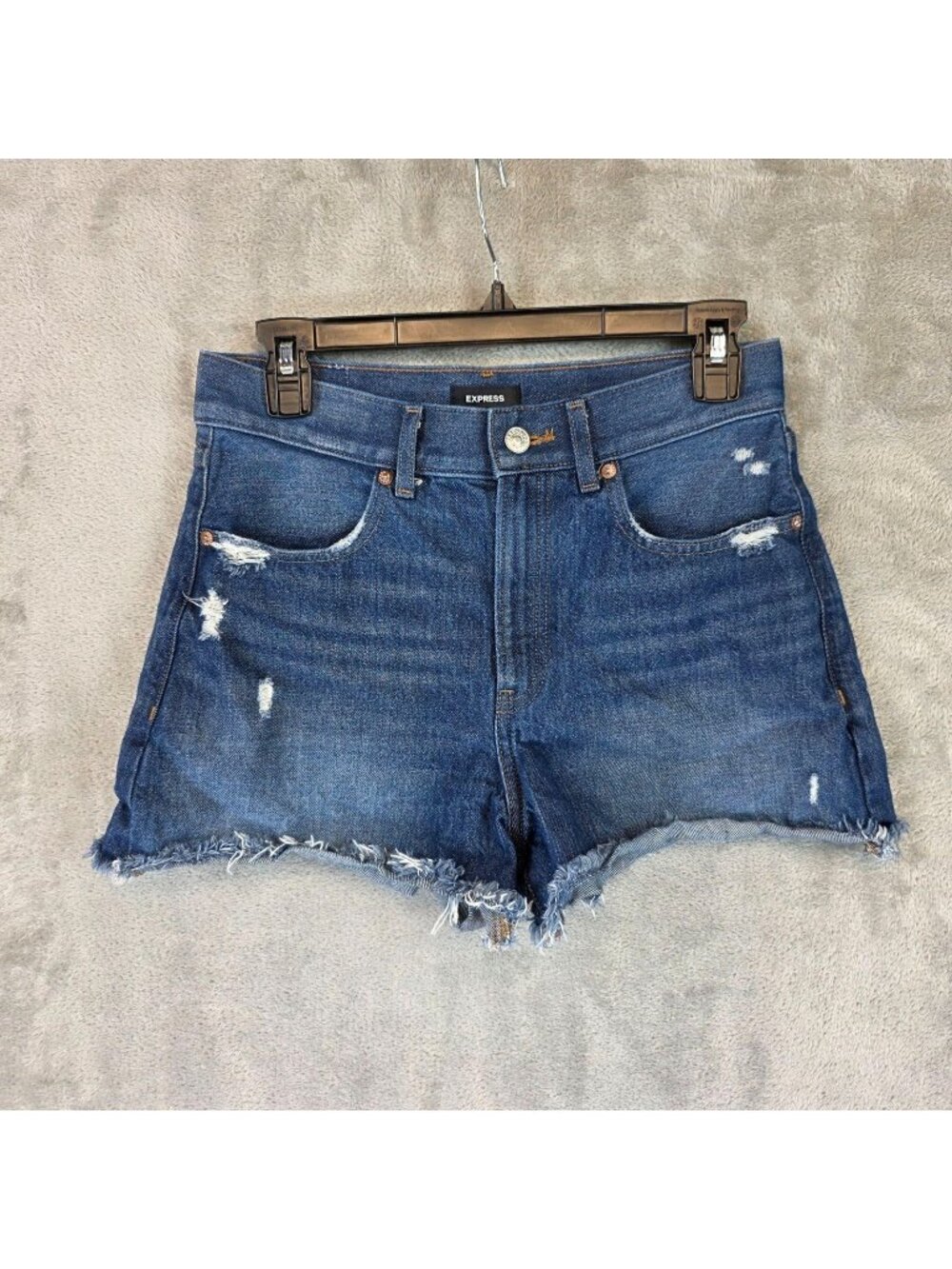 Express Mom Shorts Womens 4 Blue Denim Super High Rise Distressed Cutoff Hem